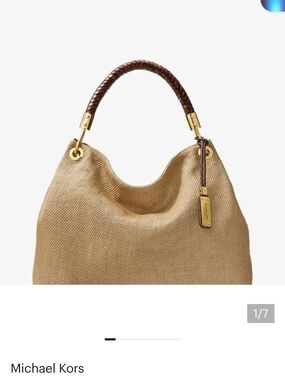 Michael Kors Skorpios Tan Woven Shoulder Bag with Braided Brown Handle